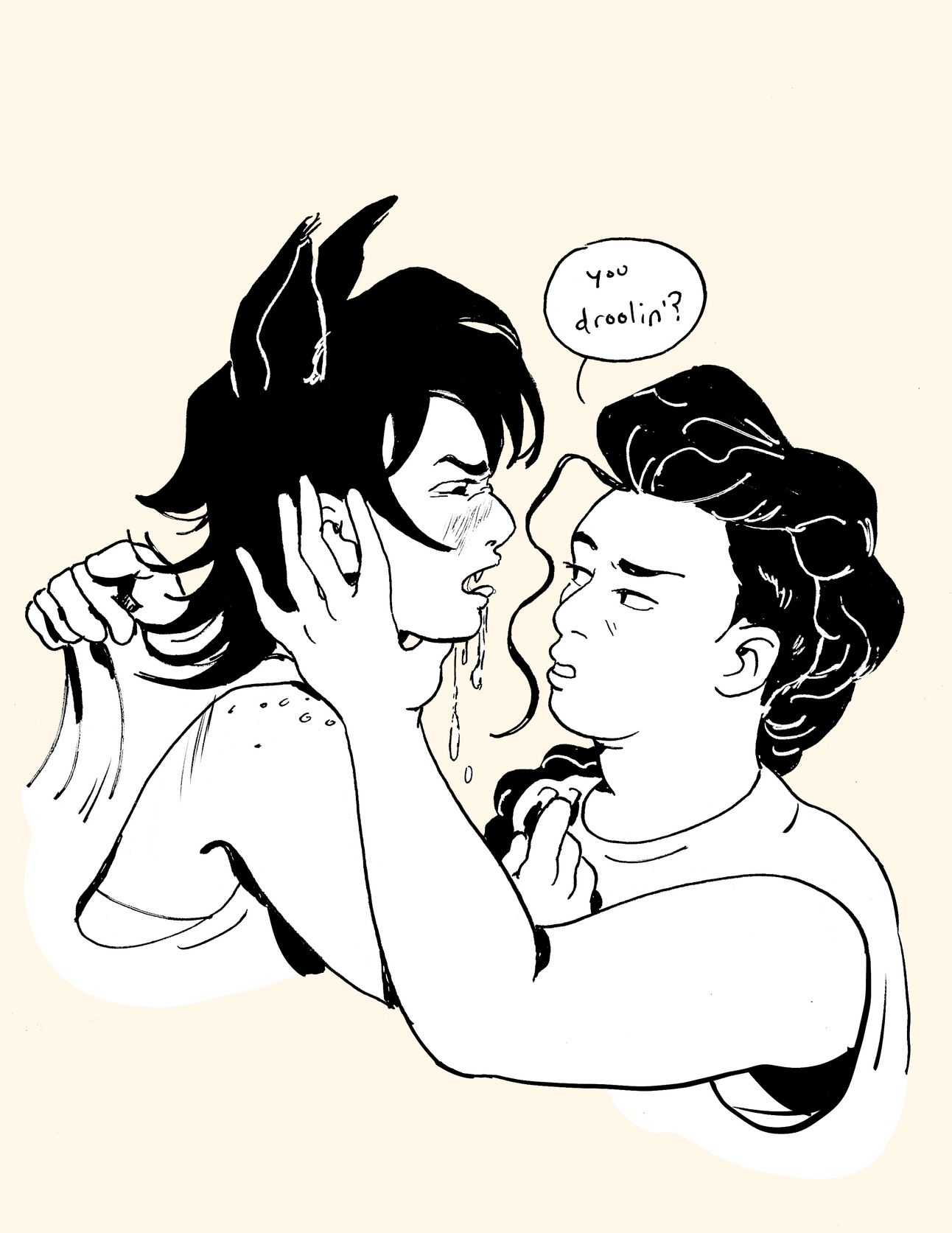 Illustration by Cam McCafferty of Shep and Wayne from The Shepherd's Sword. Shep is holding Wayne back by the shirt collar and jaw. Wayne's open mouth drips. Shep quirks an eyebrow and asks "you droolin?"