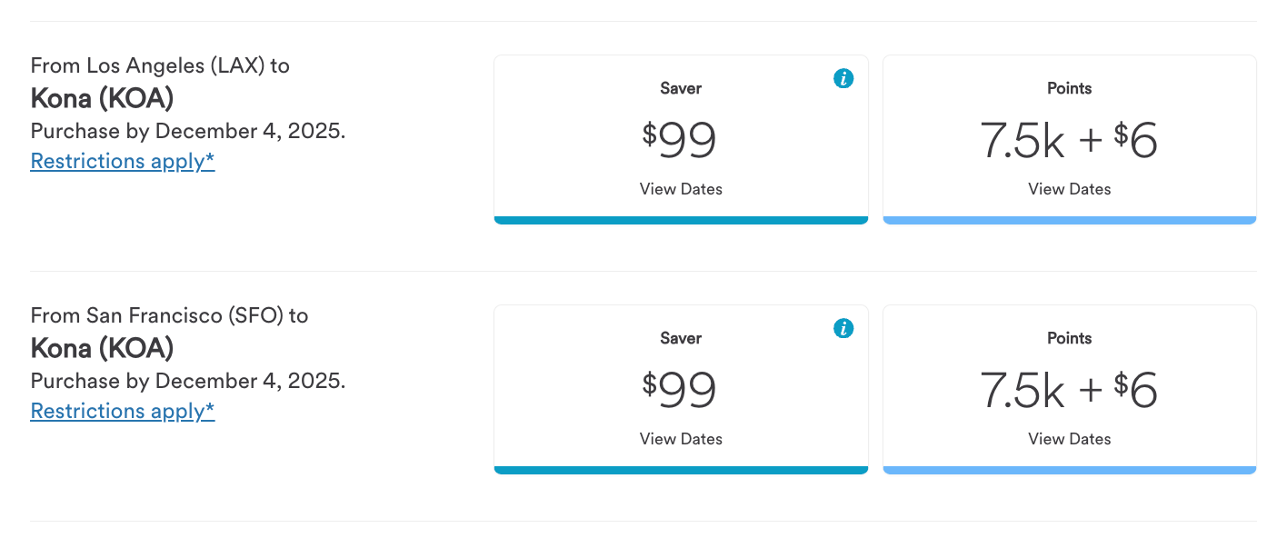 Flights to Hawaii for $99 or 7,500 miles