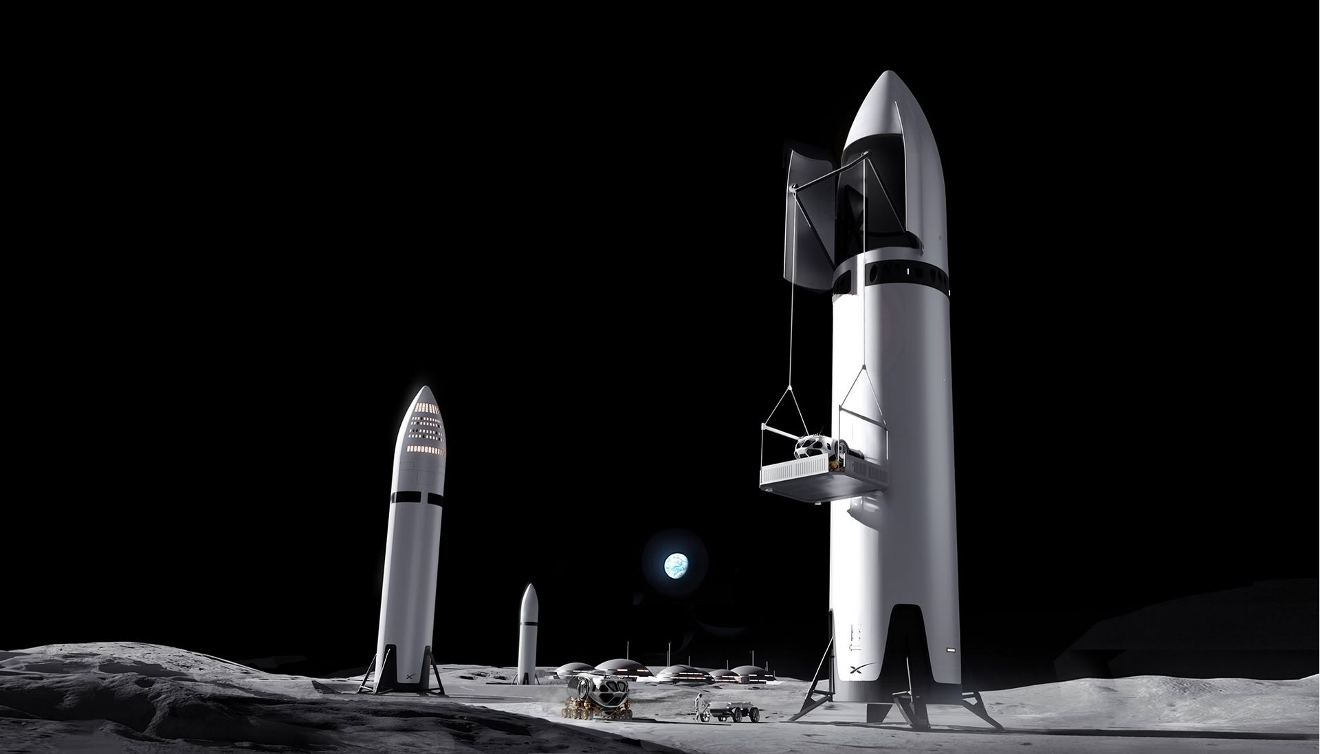 An artist's illustration of SpaceX's Starship on the moon with rovers and lunar infrastructure, during a NASA Artemis mission.