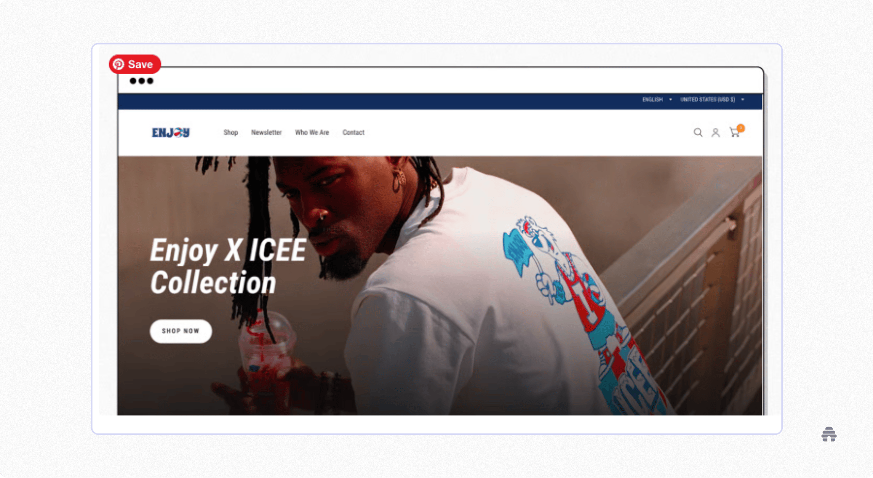 Enjoy e-commerce homepage hero promoting the Enjoy x ICEE collection, featuring a product lifestyle banner with a ‘Shop now’ call to action for browsing the collaboration