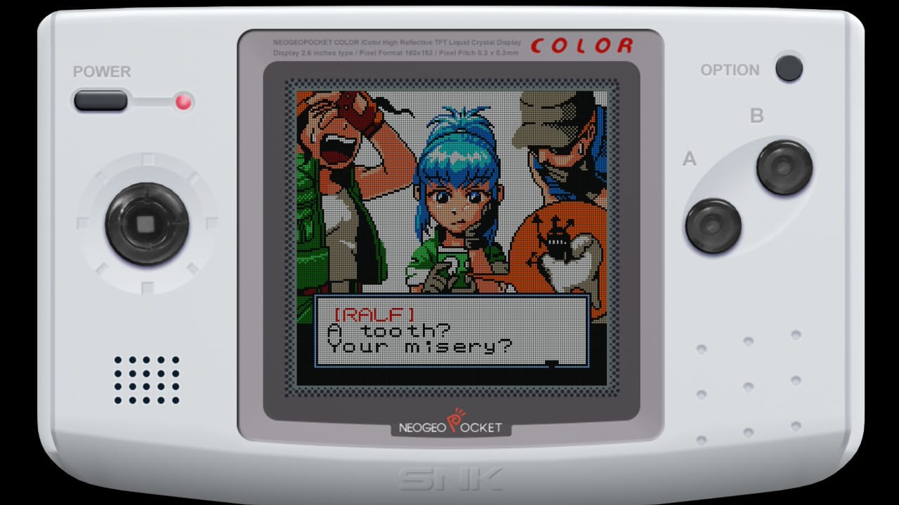 A screenshot showing Ralf saying, "A tooth? Your misery?" to Leona. There's an inset image of a little demon inside of a tooth causing Leona pain.