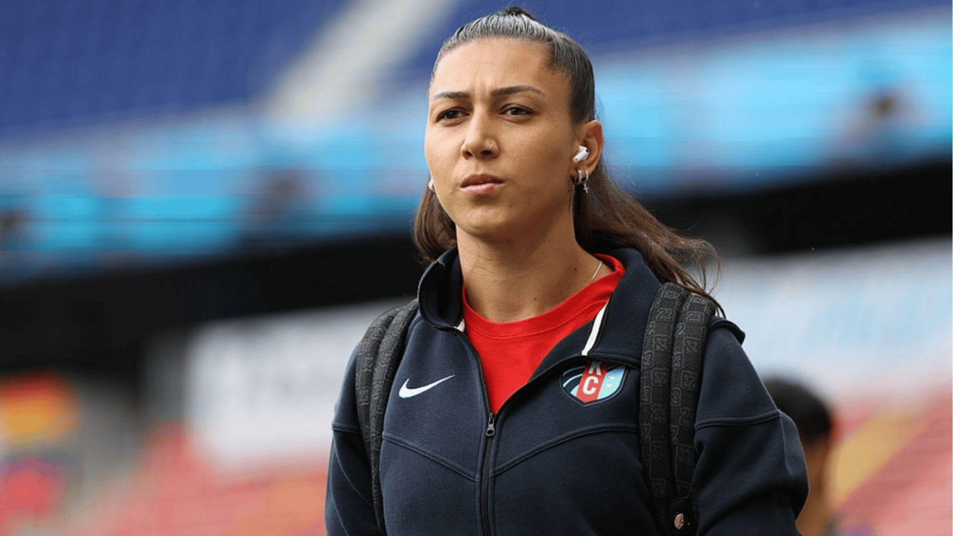 Bia Zaneratto #9 of Kansas City Current arrives prior to the NWSL match between NJ/NY Gotham FC and Kansas City Current