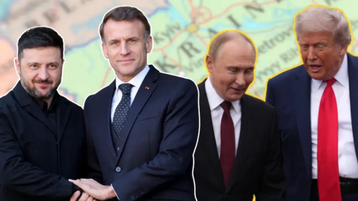 Four white men are pictured. On the left side, two men outlined in white clasp hands while looking at the camera. On the right side, two men outlined in yellow look down while speaking. In the background, a map that appears to show Ukraine is shown.