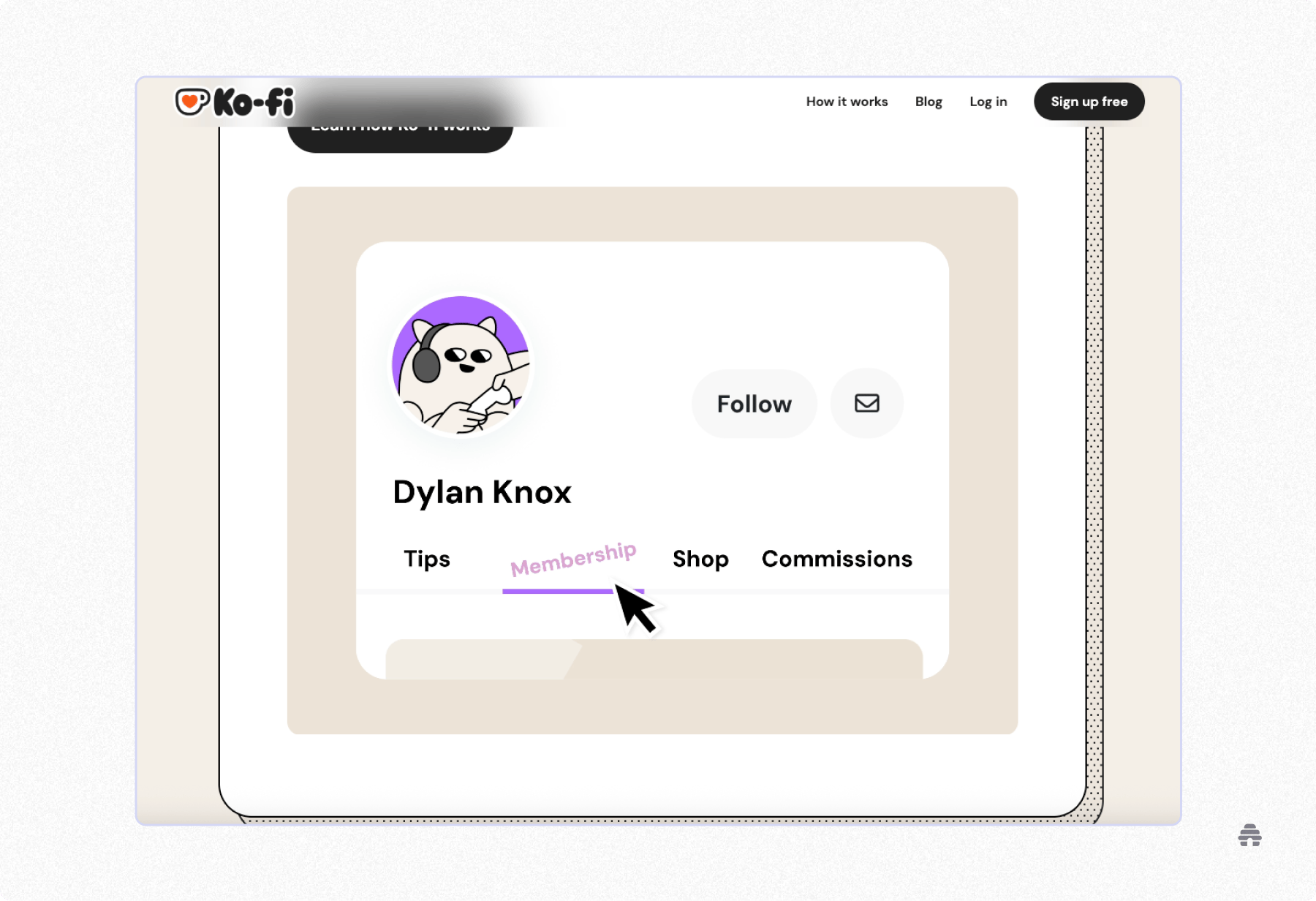 Ko-fi creator profile page showing membership, tips, and shop options, illustrating how creators monetize content and build supporter communities.