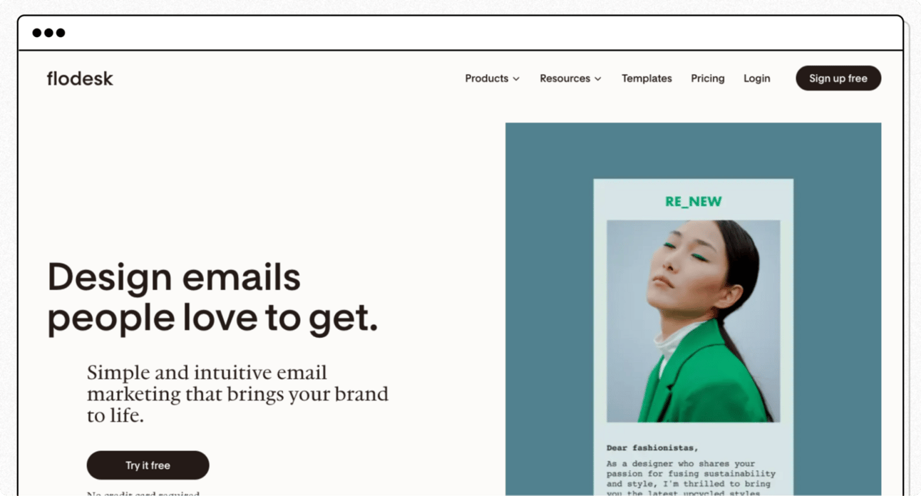 Flodesk homepage promoting tools to design visually engaging marketing emails, highlighting simple email creation and templates for brands and creators building newsletters.