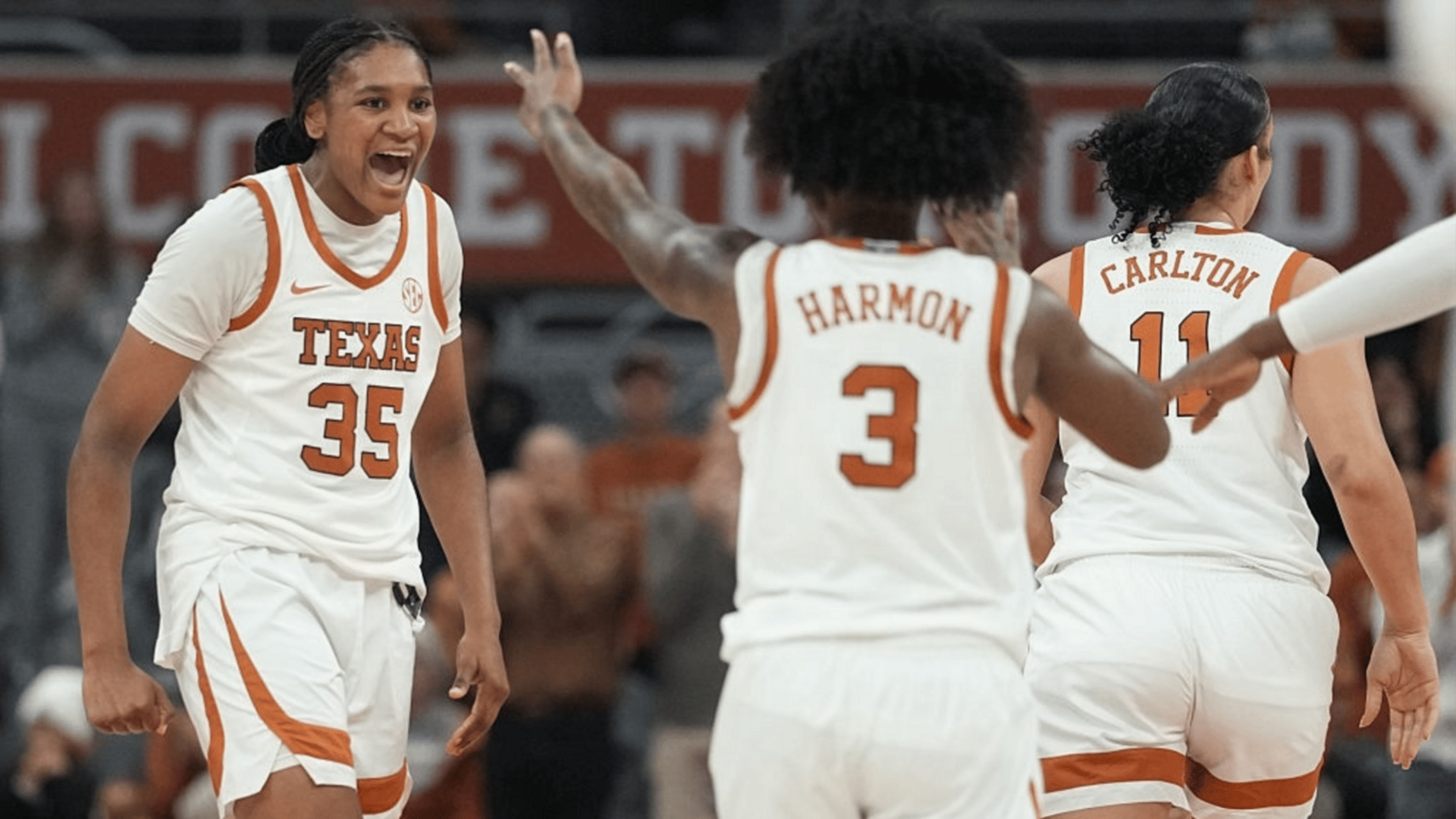 Madison Booker #35 of the Texas Longhorns reacts during the first half 