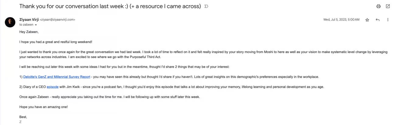 Screenshot showing a follow up email to someonee