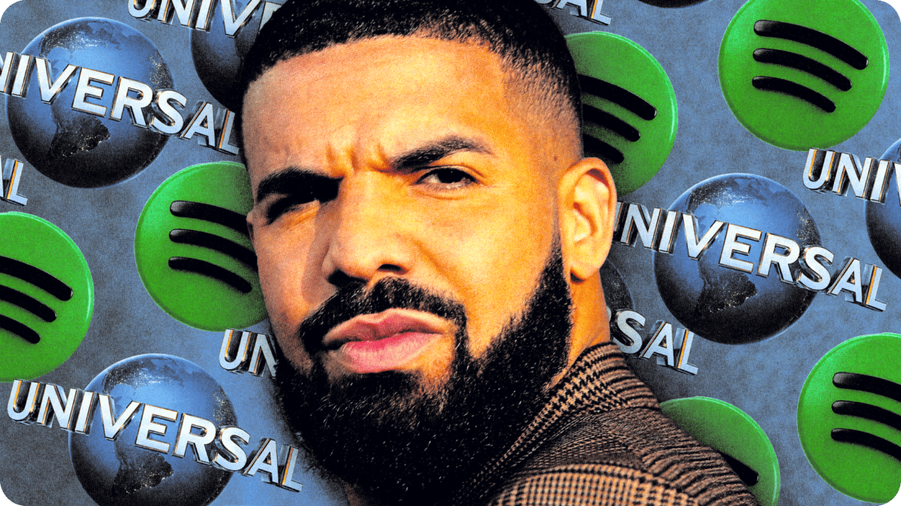 Drake in front of Spotify and UMG logos