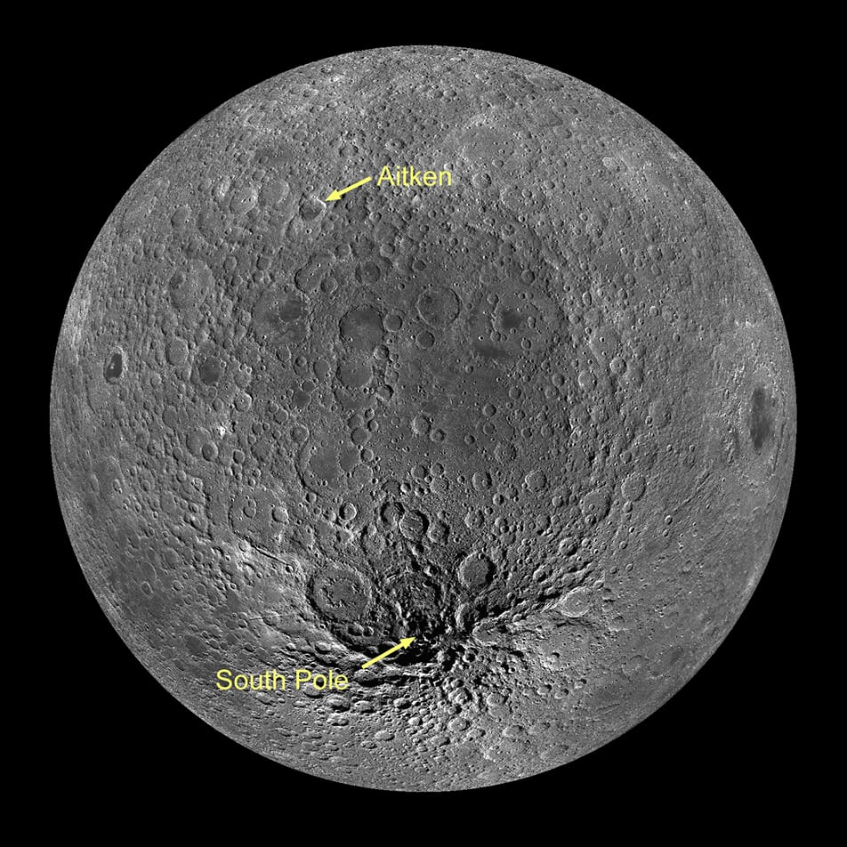 Measuring roughly 2,500 kilometers in length, the South Pole–Aitken basin links the southern lunar pole to the far-side Aitken crater.