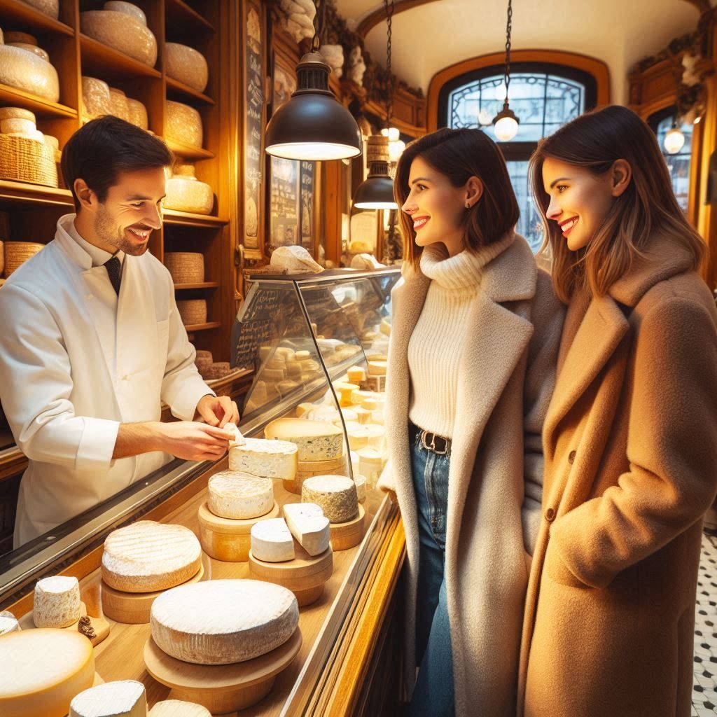 Deux amies achètent du fromage dans une fromagerie française pour le réveillon