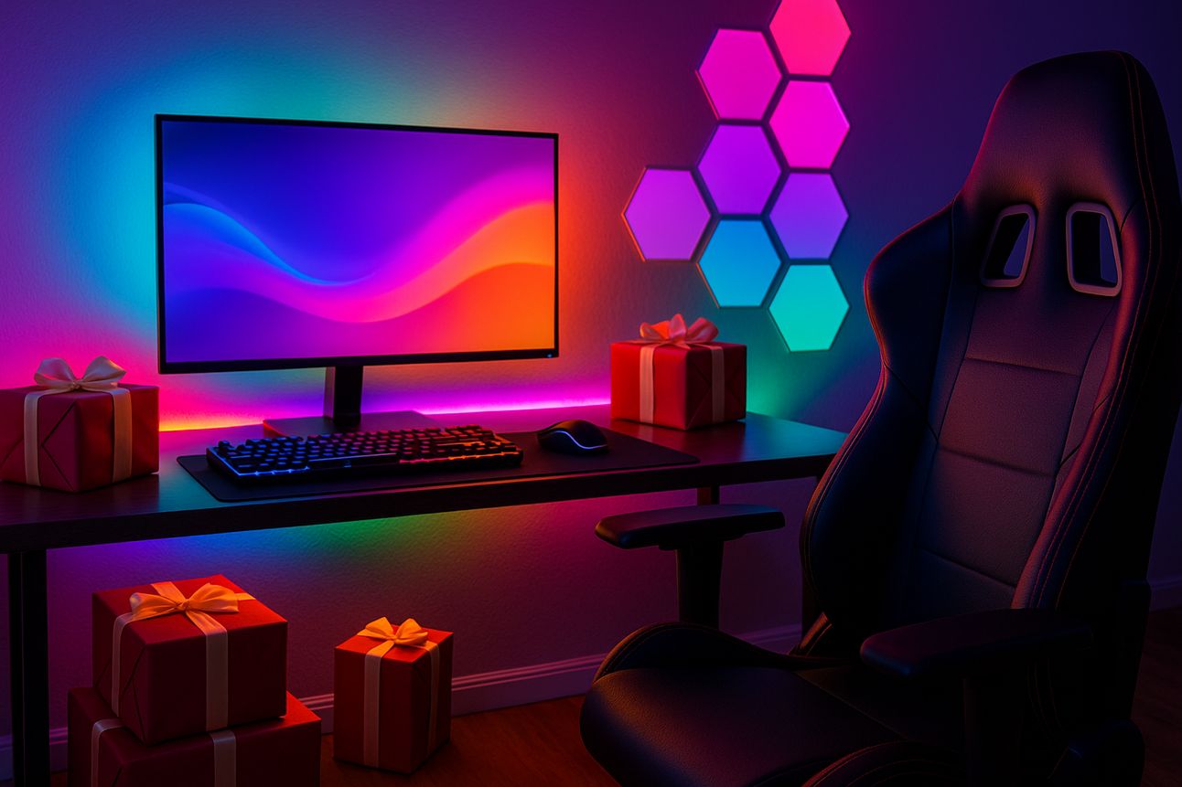 A festive gaming room featuring a modern black gaming chair beside a sleek desk with a large monitor displaying a colorful abstract screen. RGB LED lights glow behind the monitor and along the wall, while stacked and scattered red gift boxes with cream ribbons sit around the desk. Hexagonal LED wall panels in vibrant colors add dynamic lighting above the desk, creating a cozy, holiday-ready gaming environment.