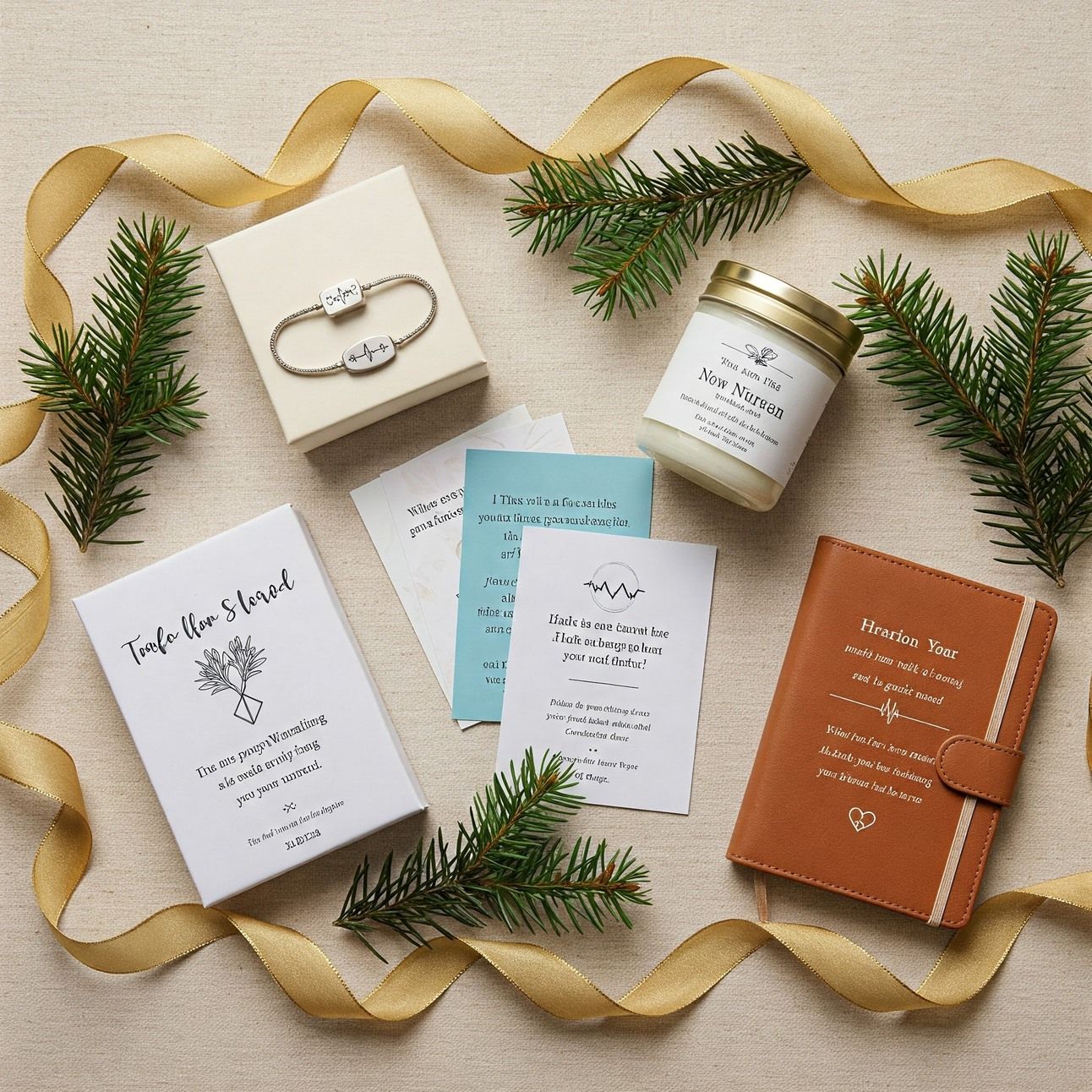 shows a peaceful and warm flat lay featuring inspirational gifts for nurses—a bracelet, a candle, affirmation cards, a gratitude journal, and a plaque—surrounded by pine sprigs, a gold ribbon, and soft glowing lights on a linen-textured background. The image has a 16:9 aspect ratio and does not contain any text as specified in your prompt.