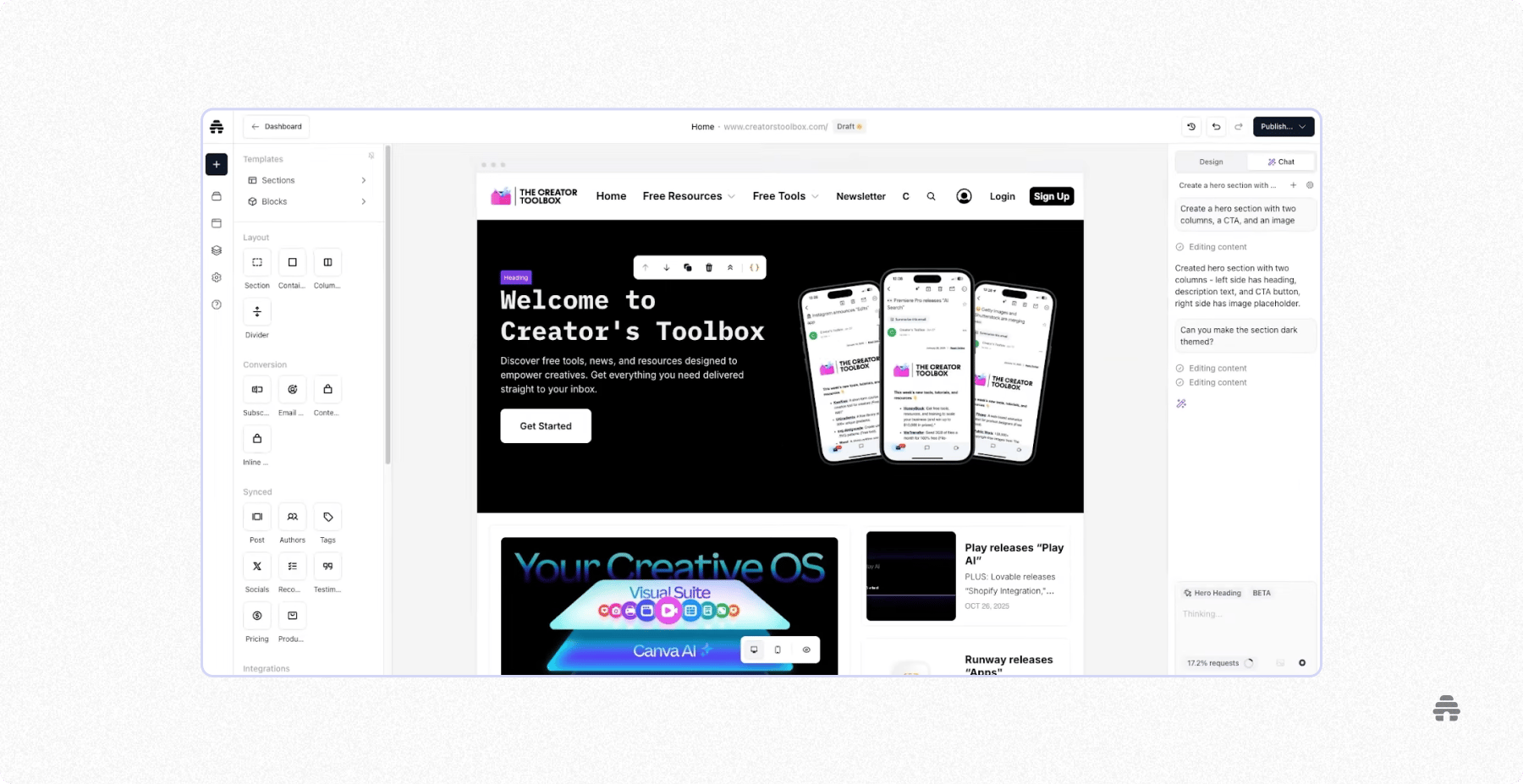 beehiiv website builder interface showing a creator customizing a newsletter homepage with sections, layout tools, and live preview of content and signup CTA.