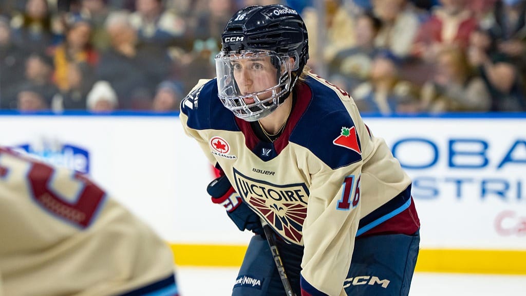 Hayley Scamurra #16 of the Montreal Victoire waits for a face off during the third period of the PWHL game against the Vancouver Goldeneyes at Pacific Coliseum on December 20, 2025 in Vancouver, Canada. 