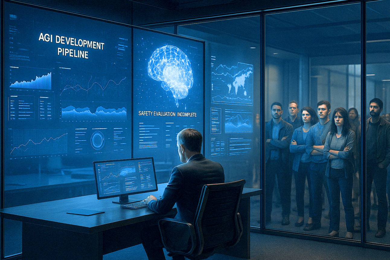 A dark, high-tech control room where a man in a suit sits at a sleek desk, facing large digital screens filled with data visualizations. The displays include graphs, global maps, neural network imagery, and prominent labels reading “AGI Development Pipeline” and “Safety Evaluation Incomplete.” Outside a glass wall, a diverse group of people—men and women of varying ages and ethnicities—stand closely together, arms crossed, watching intently. Their expressions suggest concern and scrutiny, symbolizing the public’s growing demand for transparency in AGI development. The overall mood is serious and atmospheric, emphasizing both the power inside the room and the accountability pressures outside.