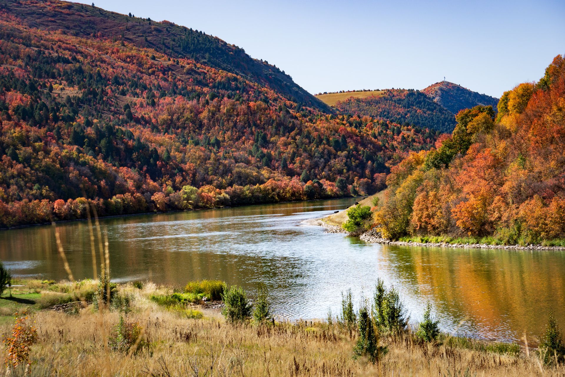 Oneida Narrows Bear River Scenery near Preston Idaho river weaves through mountains with fall foliage