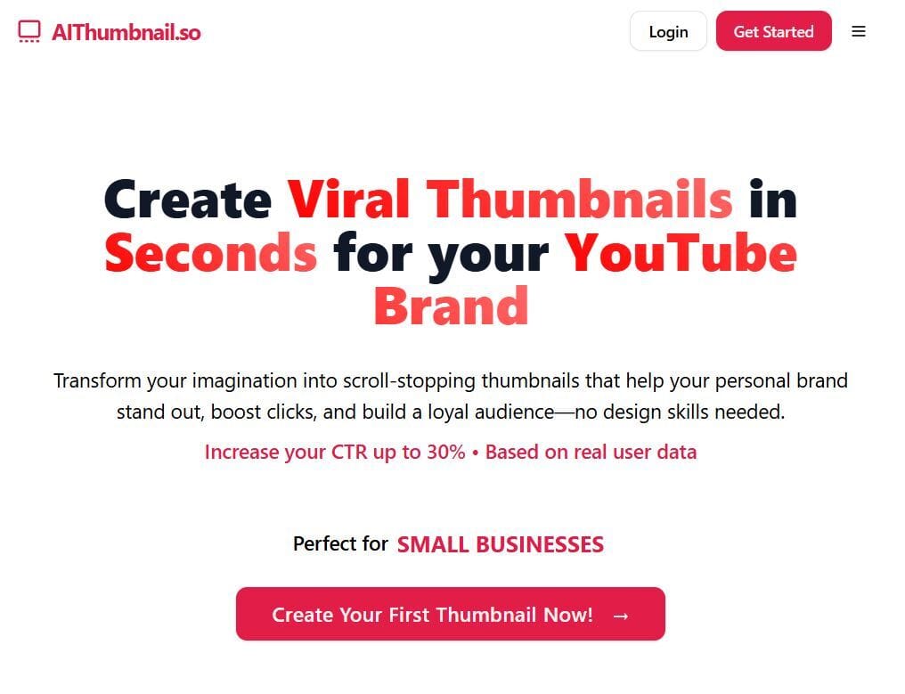Website for AIThumbnail.so with text "Create Viral Thumbnails in Seconds for your YouTube Brand," buttons for Login and Get Started, aimed at small businesses.