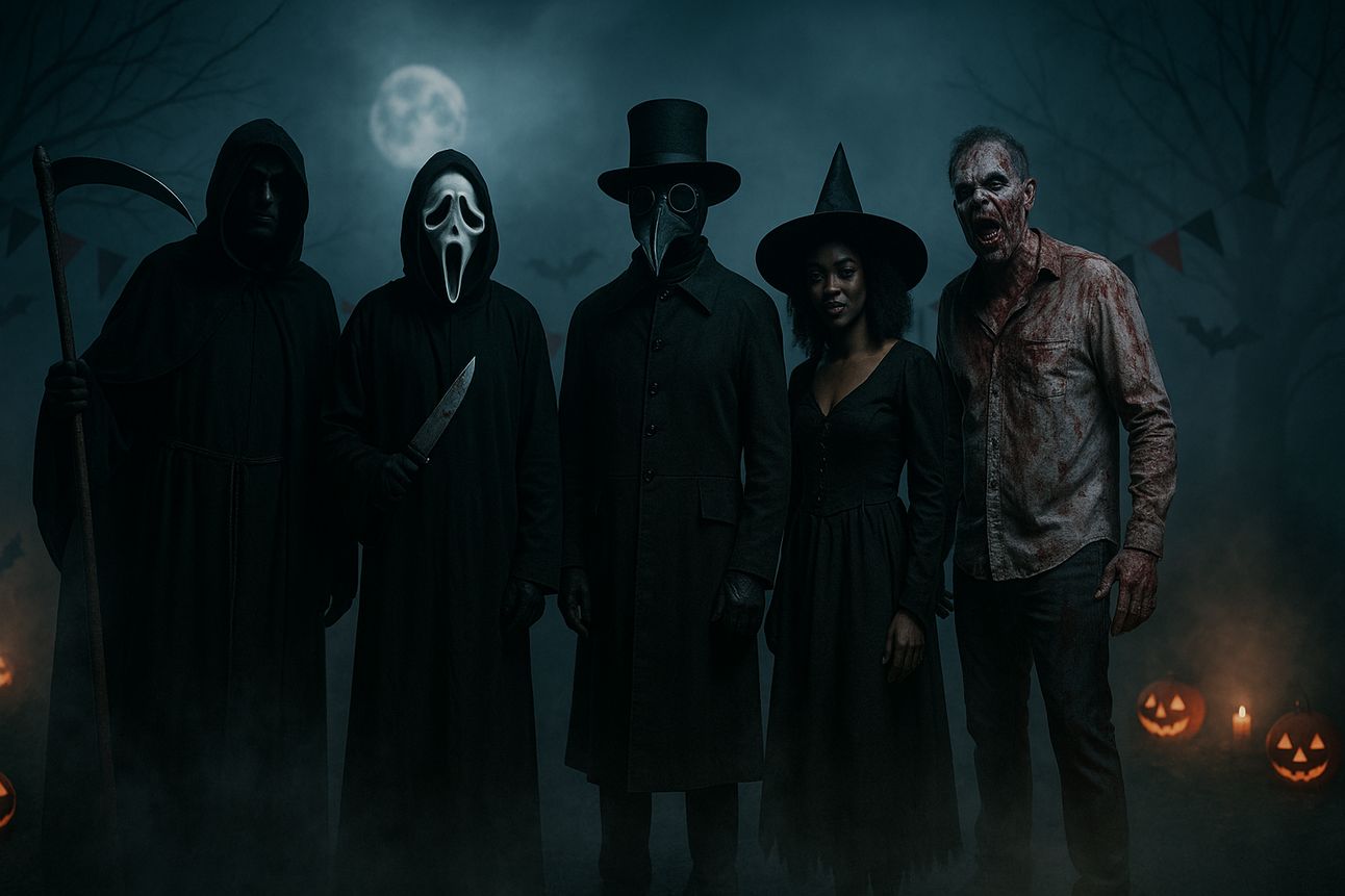 Five adults stand in a foggy, moonlit yard dressed in terrifying Halloween costumes. From left to right: a Grim Reaper in a black cloak holding a scythe, a masked slasher resembling Ghostface wielding a large knife, a plague doctor with a long beaked mask and top hat, a woman in a classic witch costume with a pointed hat and black dress, and a blood-covered zombie in a torn, dirty shirt. The eerie scene is lit by jack-o'-lanterns and candles, with bats and Halloween pennant banners hanging in the misty background under a glowing full moon.