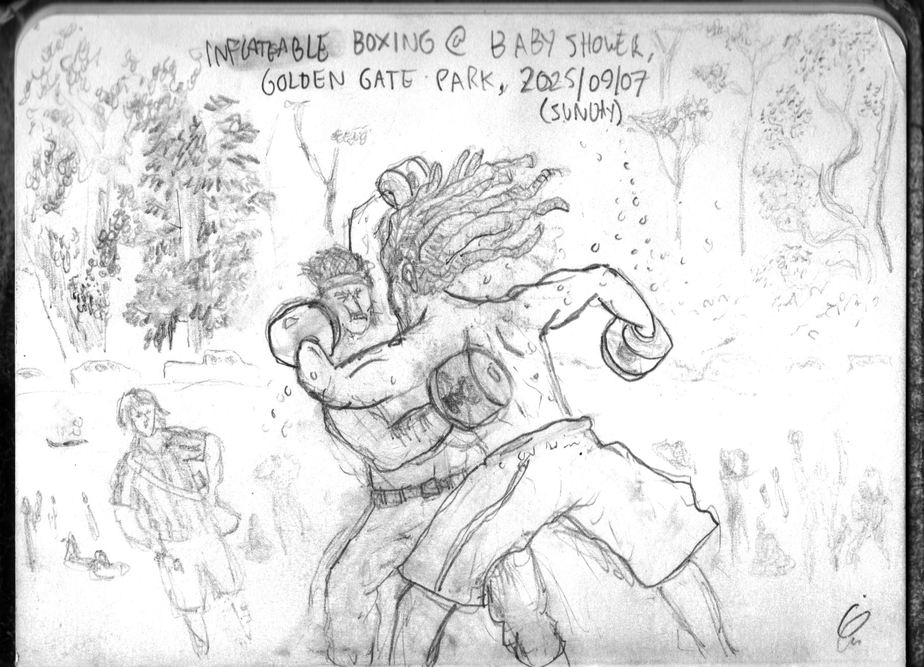 A rough pencil sketch of two men boxin fighting with inf