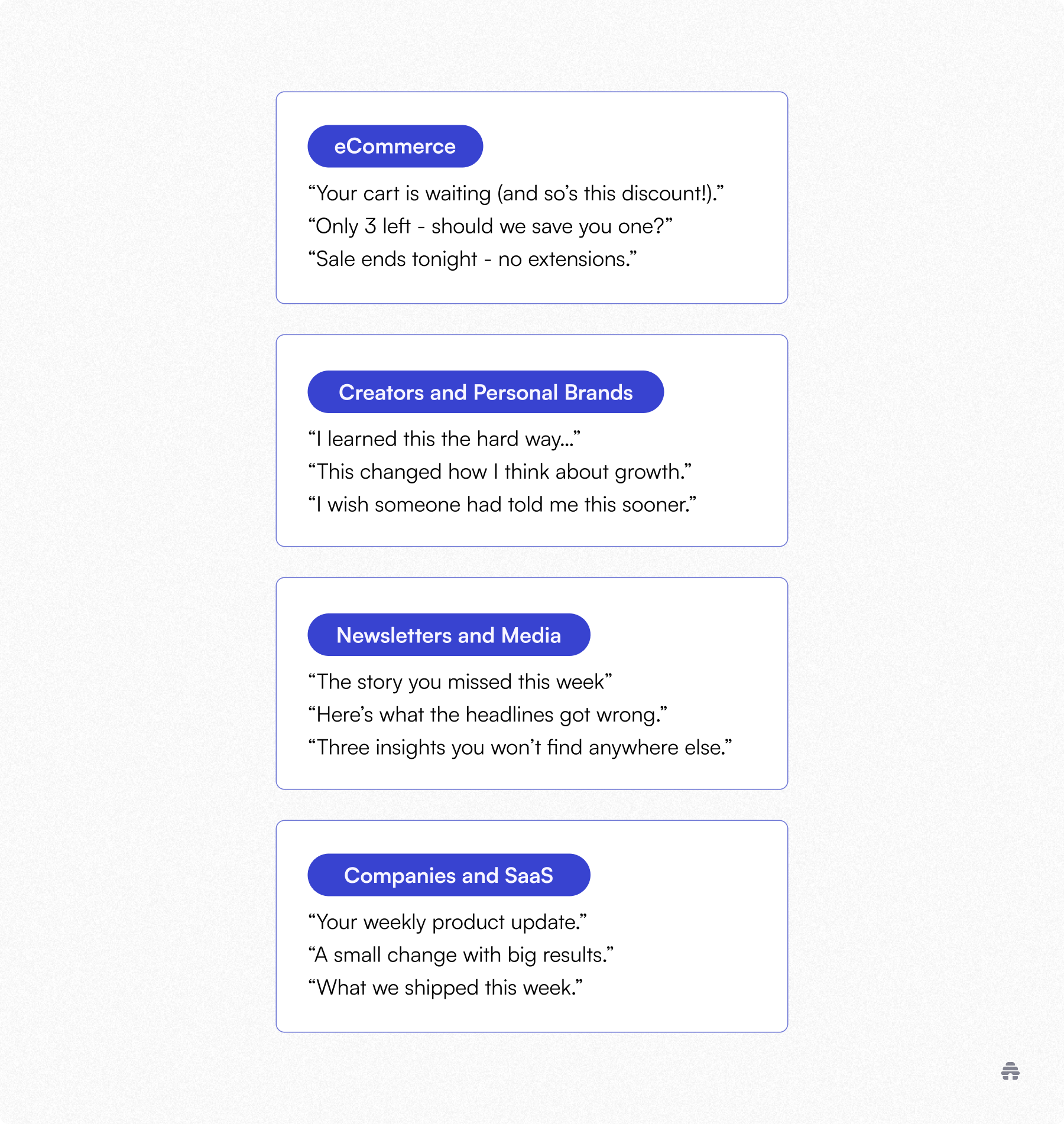 List of subject line examples grouped by use case—eCommerce, creators, newsletters, and SaaS—to show different messaging strategies. Used by beehiiv to help creators write effective newsletter subject lines that drive opens.