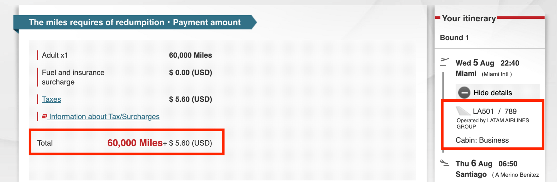 LATAM business class with JAL miles
