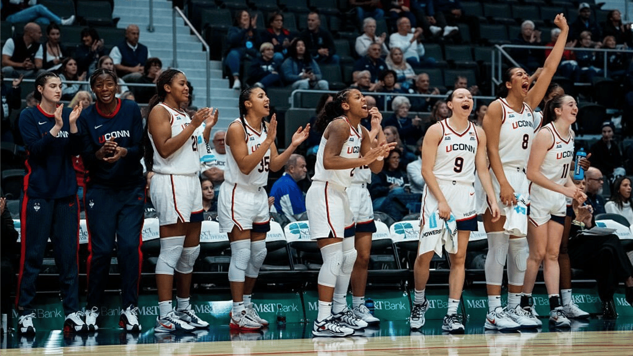 The Connecticut Huskies react during the second half of an NCAA women's basketball game exhibition against the Southern Connecticut Owls at PeoplesBank Arena on October 26, 2025 in Hartford, Connecticut.