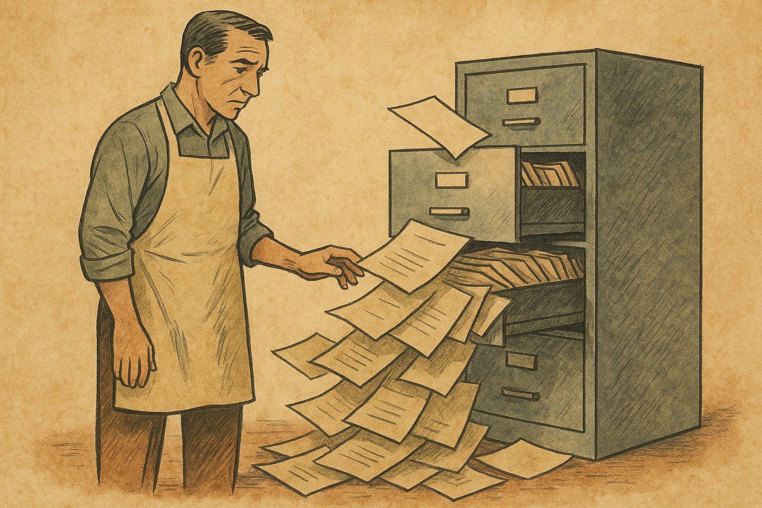 Illustration of a figure in a grocer's apron standing before an overflowing filing cabinet with documents spilling onto the floor