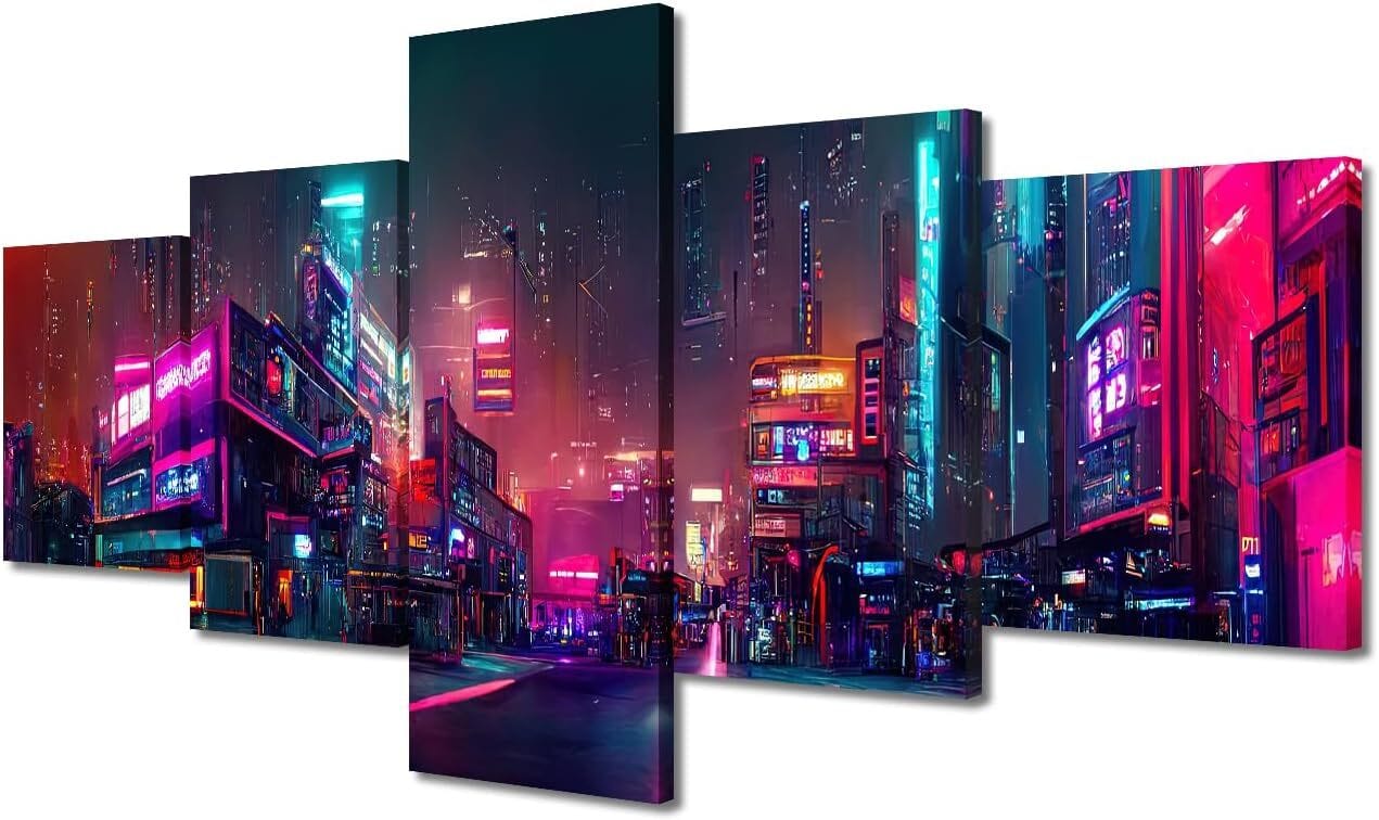 Split Panel Art – A Modern Gallery Wall Look Multi-panel canvas art showcasing epic scenes from games like Cyberpunk 2077 or Elden Ring, creating a dramatic, high-impact wall display.