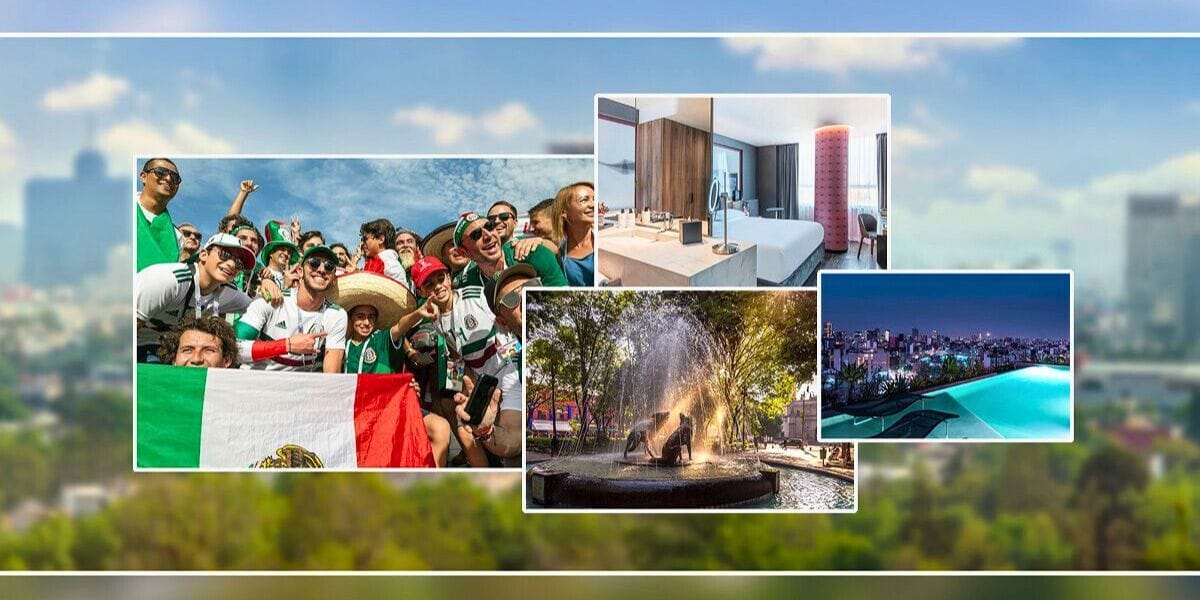 collage of Mexico City fans and the city