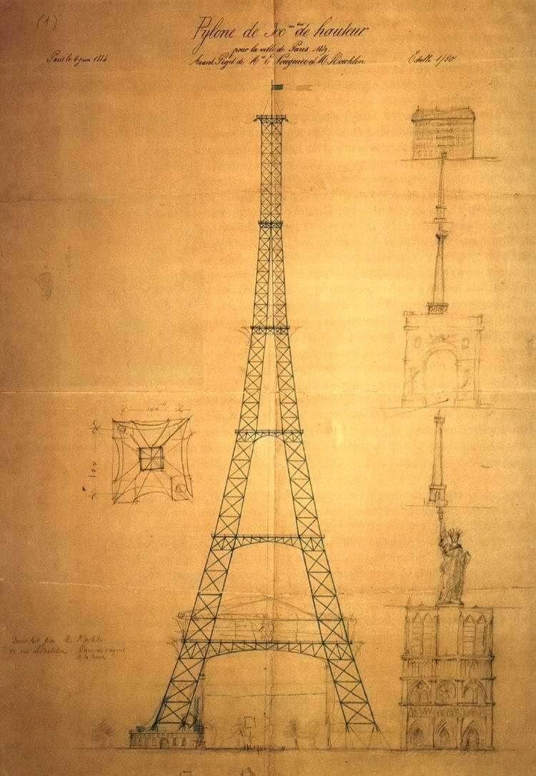 First drawing of the Eiffel Tower by Maurice Koechlin, including a size comparison with other landmarks