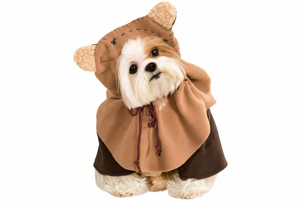 A small, fluffy white and light brown dog wearing a Star Wars Ewok costume, featuring a brown hood with round ears and a matching poncho, posing centrally against a solid white background in a 16:9 landscape format with a clean and modern aesthetic.