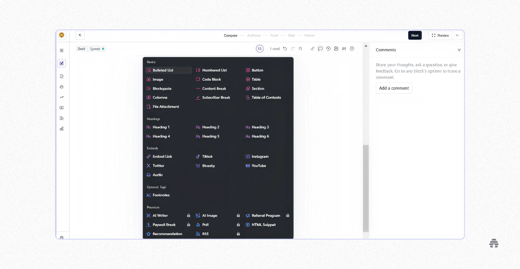 beehiiv newsletter editor interface showing block options like lists, embeds, headings, and monetization tools for creating and customizing email content.