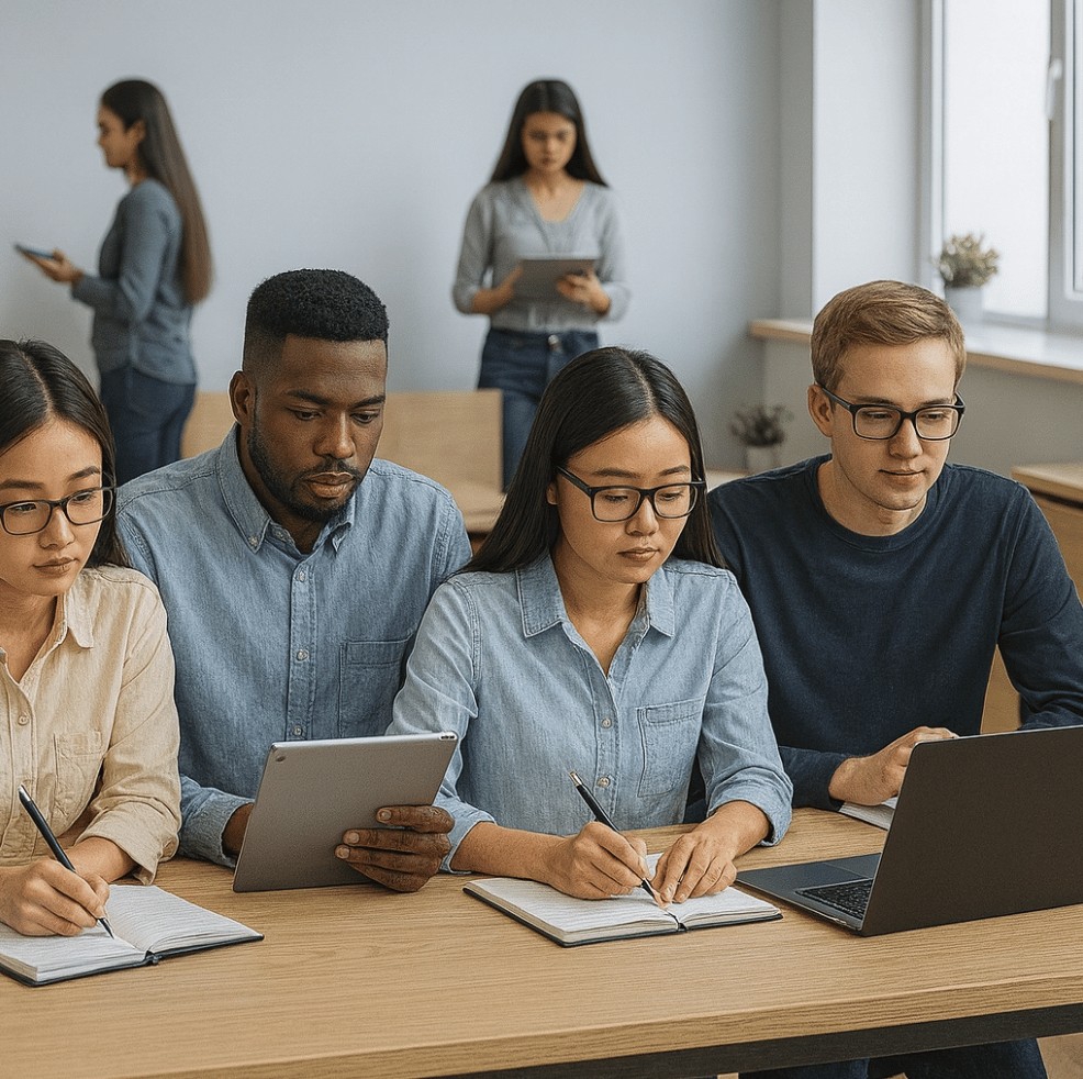 A group of four diverse students sit together in a bright, modern classroom, collaborating on their studies. They are deeply engaged—two write in notebooks, one holds a tablet, and another types on a laptop—blending traditional learning methods with digital tools. In the background, two other students stand with digital devices, also appearing focused on their own work. The group’s serious expressions and focused posture convey concentration and teamwork, symbolizing how AI and human collaboration are shaping the future of education.