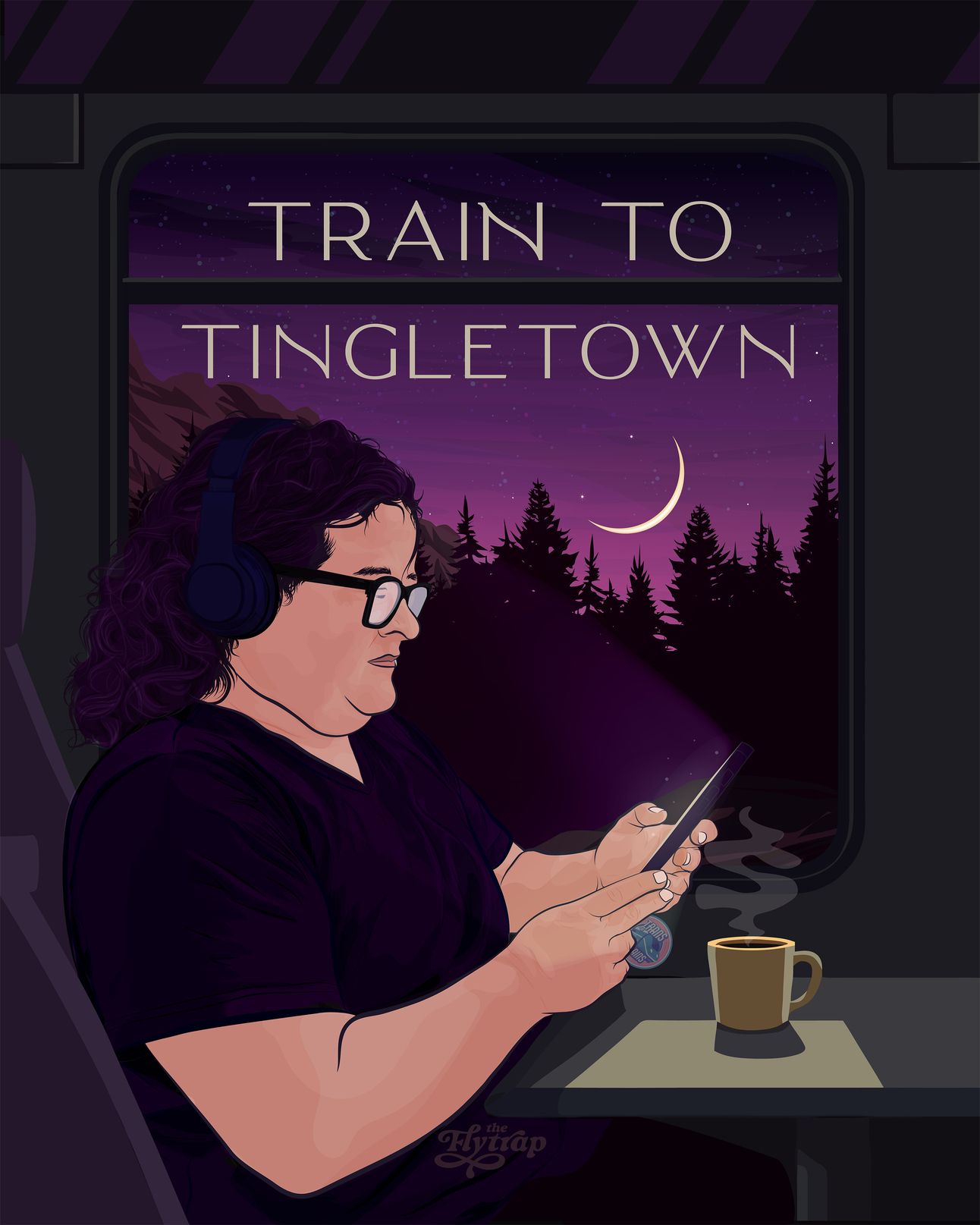 A person sits in a train, next to a window, at night. The person is scrolling on their phone and behind them, above the trees, it says TRAIN TO TINGLETOWN.