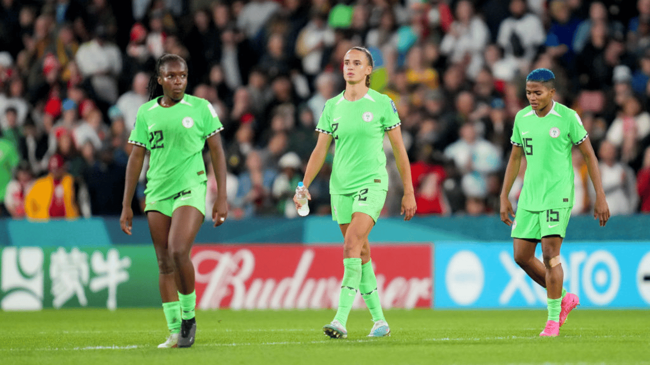 Michelle Alozie of Nigeria, Ashleigh Plumptre of Nigeria and Rasheedat Ajibade of Nigeria looks dejected during the FIFA Women's World Cup Australia & New Zealand 2023