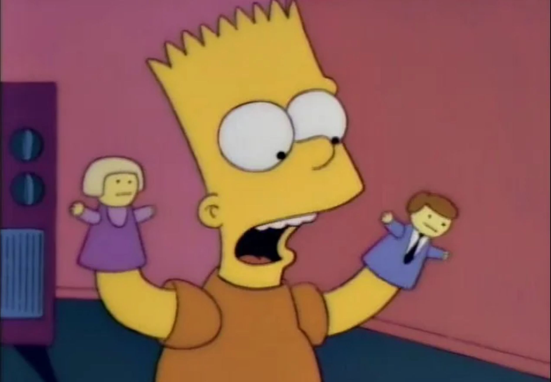 Bart Simpson holding up two puppets.
