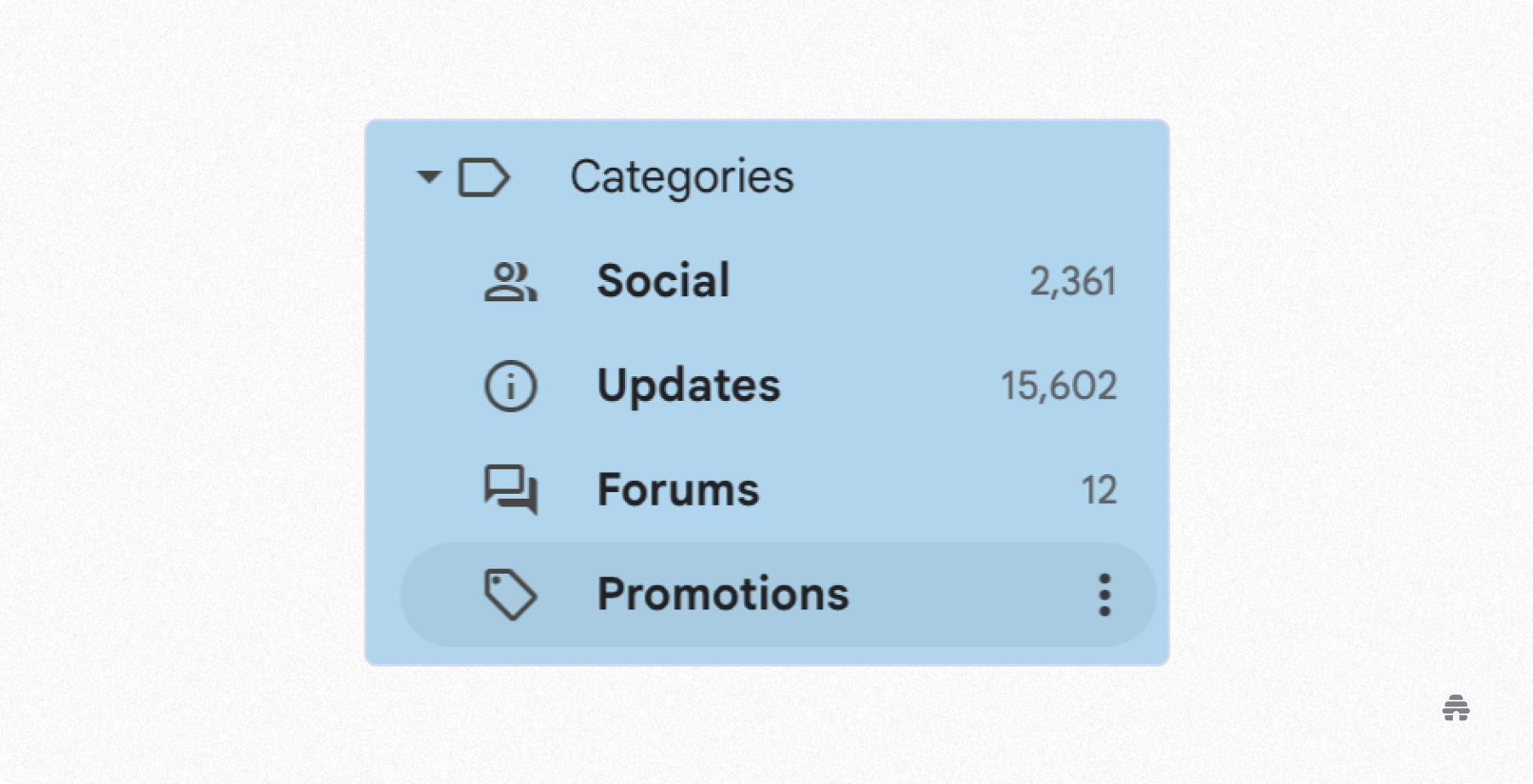 Email inbox sidebar showing categories like Social, Updates, Forums, and Promotions with message counts, highlighting inbox segmentation and deliverability. The graphic supports beehiiv newsletter strategy by emphasizing how creators can optimize placement beyond the Promotions tab