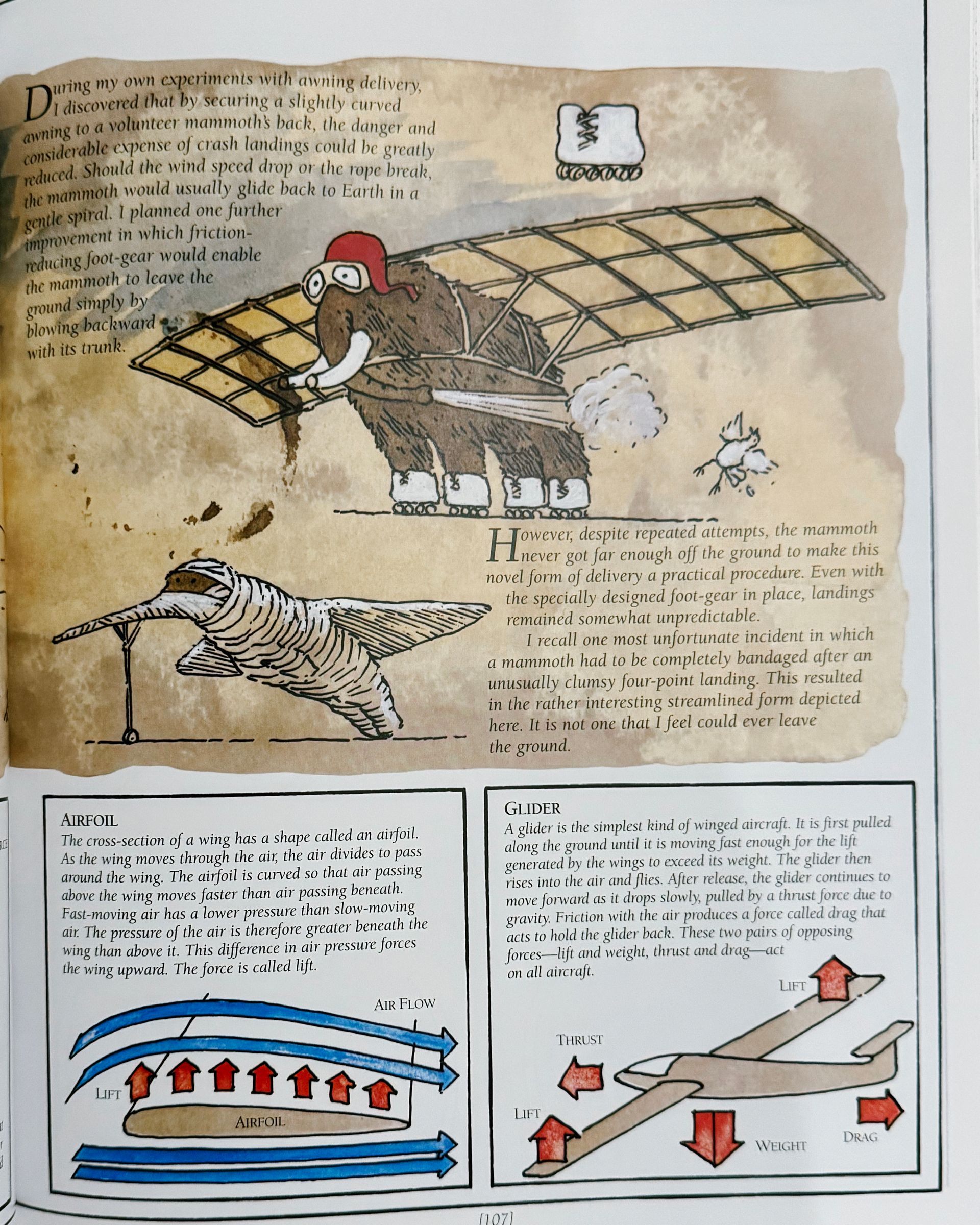 An illustrated page from David Macaulay’s book “The Way Things Work Now.” The top half features a cartoon woolly mammoth wearing goggles and a red helmet, strapped to glider wings. Below, two educational diagrams explain the principles of flight: one shows how air moves over an airfoil to create lift, and the other breaks down the forces acting on a glider.