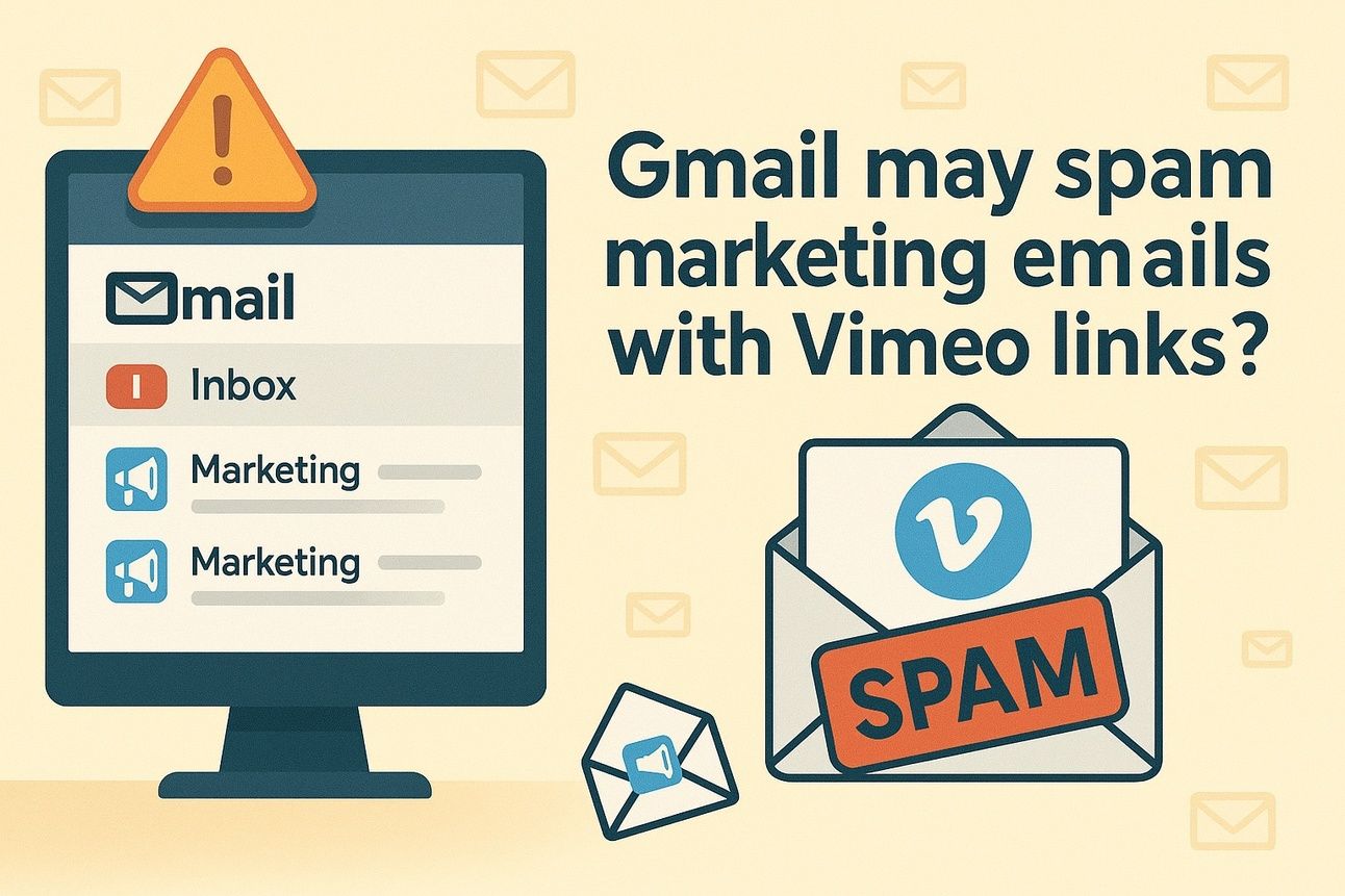 Illustrated graphic showing a Gmail inbox on a computer screen with multiple marketing emails marked as spam. A warning symbol appears above the inbox. To the right, the question "Gmail may spam marketing emails with Vimeo links?" is displayed beside an envelope stamped “SPAM” with the Vimeo logo. Decorative background includes faded envelope icons.