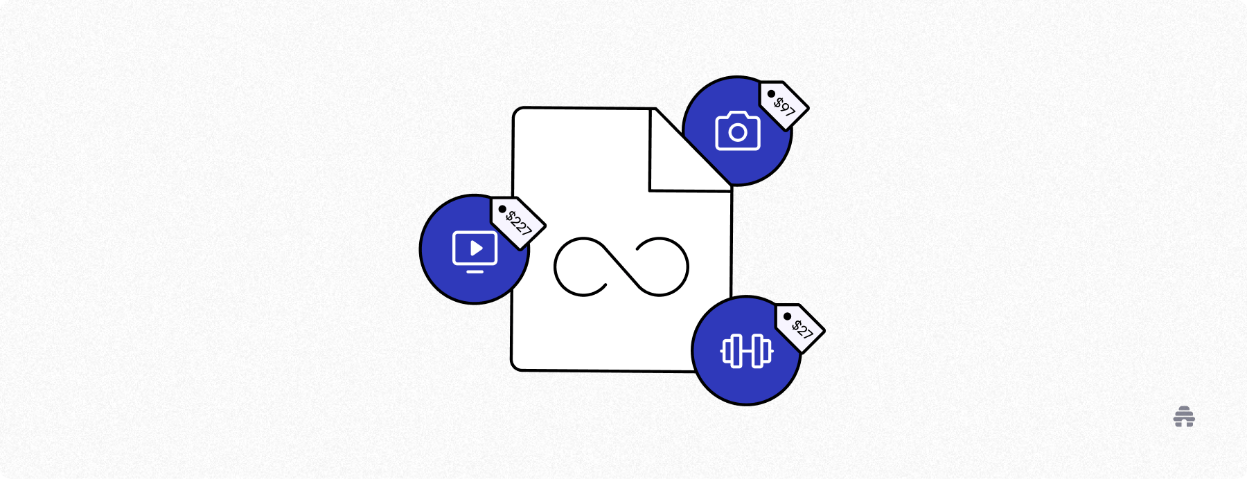 Illustration of a reusable content asset surrounded by video, photo, and audio icons with price tags, showing how creators can repurpose and monetize content across formats using a newsletter platform like beehiiv.