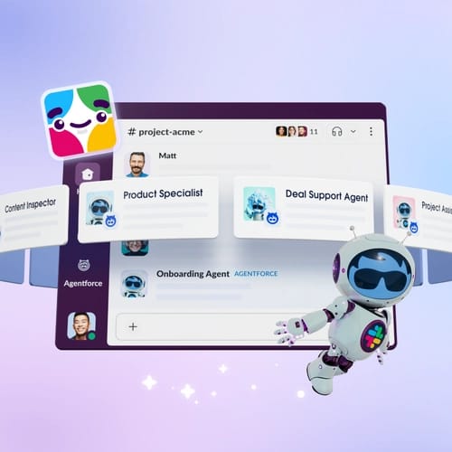 Illustration d’un robot virtuel interagissant avec l’interface Slack, présentant différentes fonctions d’assistance automatisée.