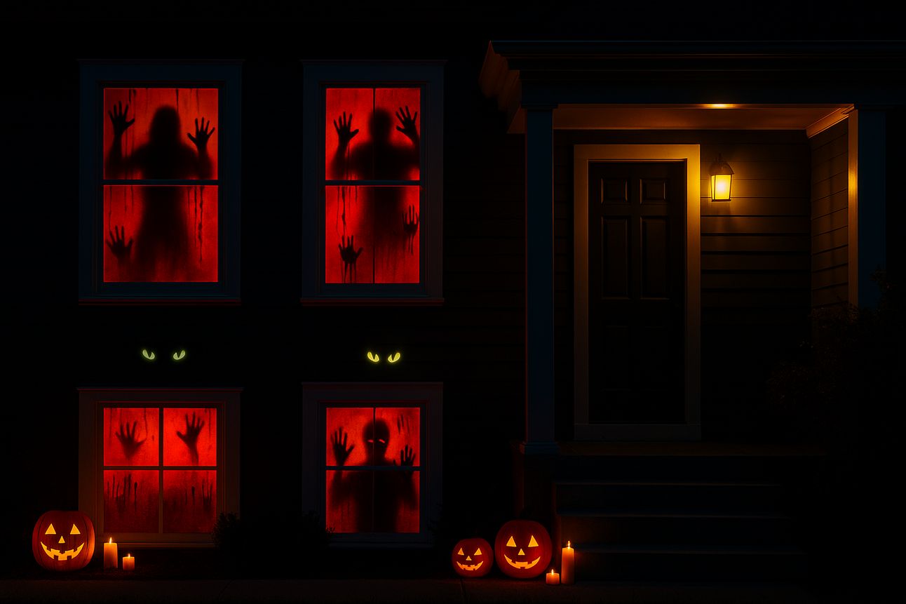 A house at night decorated for Halloween with red-lit windows featuring creepy silhouette clings, glowing eye decals, jack-o'-lanterns, and flickering candles.