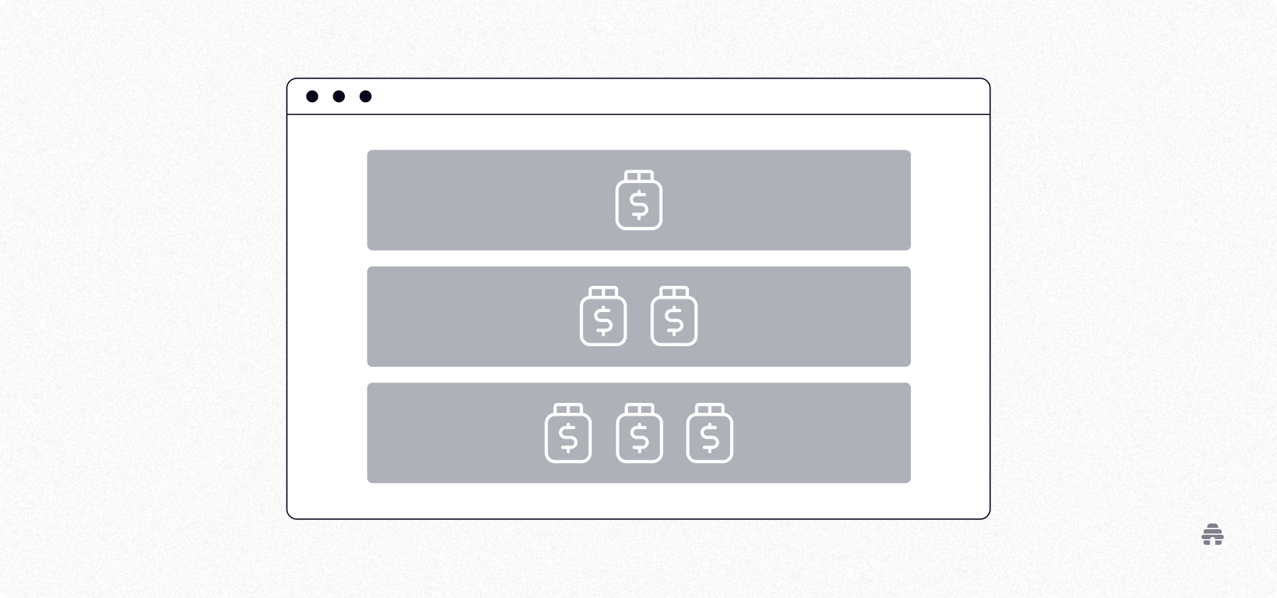 Minimal UI of a pricing or product page with tiers showing one, two, and three dollar icons, representing scalable monetization options for creators on beehiiv.