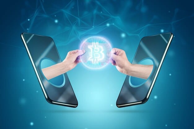 Premium Photo | Exchange of bitcoins, hands transfer bitcoin from smartphone to smartphone, payment with cryptocurrency, bitcoin mining, internet banking. digital currency, blockchain technology.