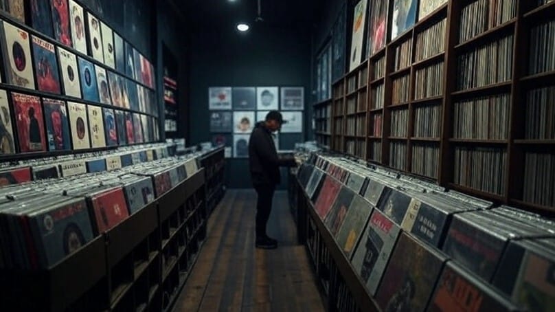 /imagine A 16:9 moody record store scene: one wall filled with glowing vinyls of white artists in Black genres, the other side dusty and shadowed with overlooked Black country records. No text.
