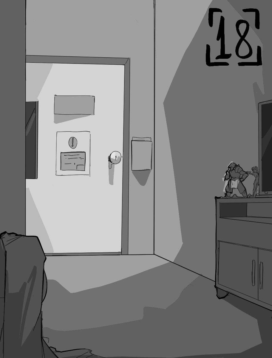 Desenho monocromático. O desenho mostra uma visão parcial de uma sala de estar. No lado direito conseguimos ver uma parte de um rack com uma televisão em cima e dois bonecos, Alphonse de Full Metal Alchemist e Rei de Evangelion, ao lado da televisão. No centro da imagem há uma porta branca de hospital que não combina com o restante do cômodo. Ela possui um prontuário na frente e está fechada. No lado superior direito há o número dezoito para indicar o capítulo.