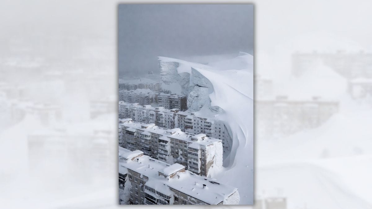 Image of a town full of 6+ story apartment buildings, some of which have what appears to be a tidal wave of snow on top of them at about twice the apartment buildings' height