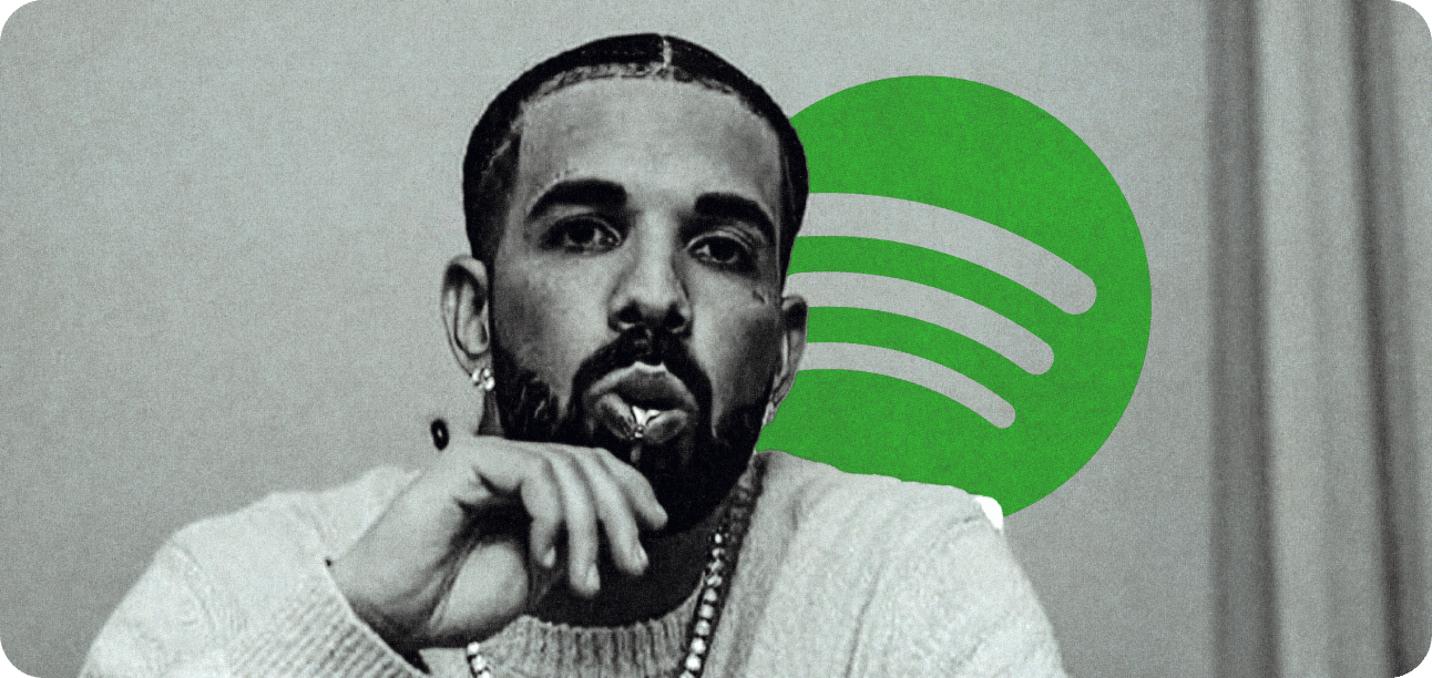 Drake in front of Spotify logo