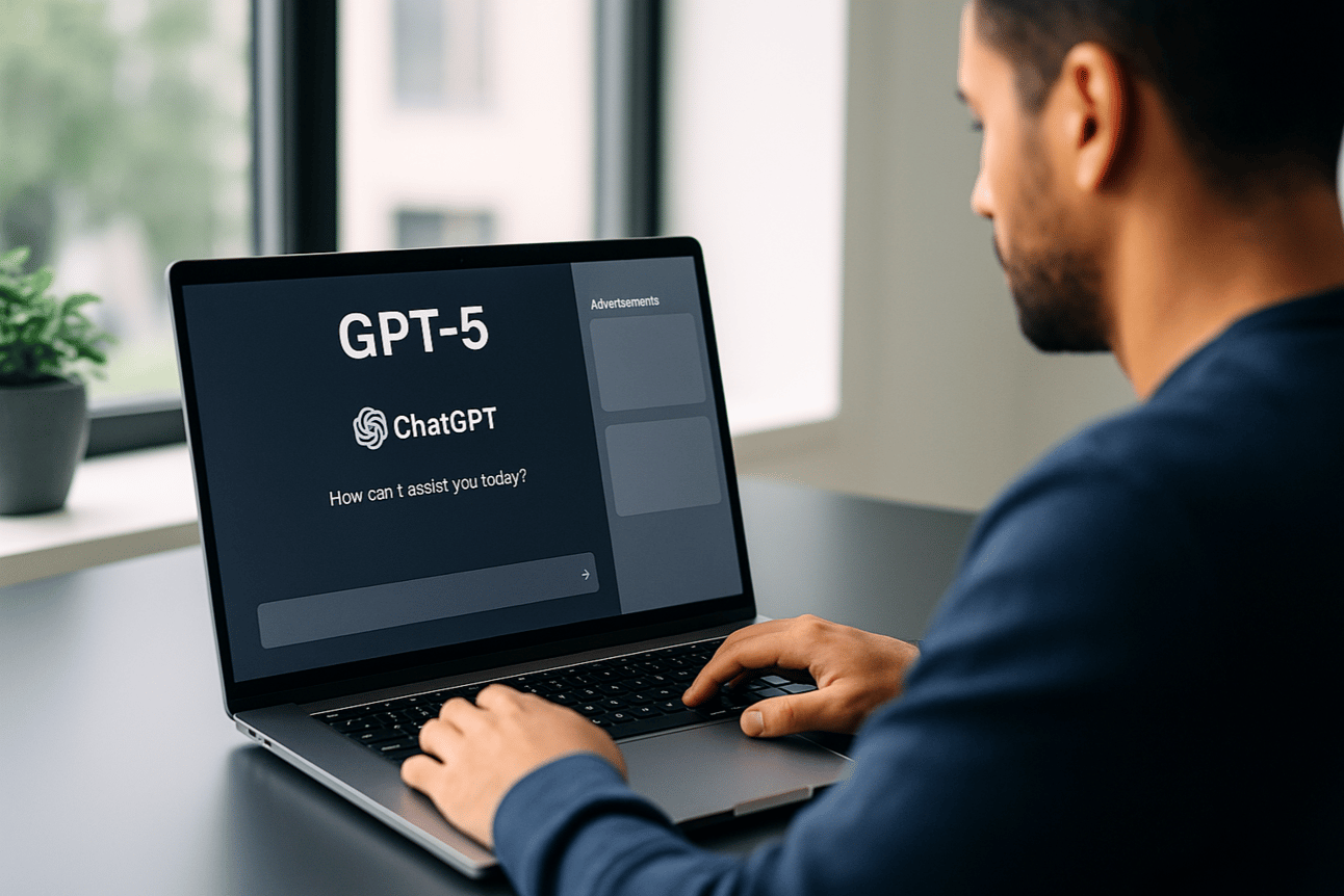 A man in a navy blue sweater sits at a desk in a bright, modern home office, using a laptop. The screen displays the ChatGPT interface with “GPT-5” prominently shown in the top left corner, along with a “Send a message…” input box at the bottom. On the right side of the screen, a sidebar labeled “Advertisements” contains two placeholder ad blocks. Natural light streams through large windows in the background, softly illuminating the room and giving the workspace a clean, professional look.