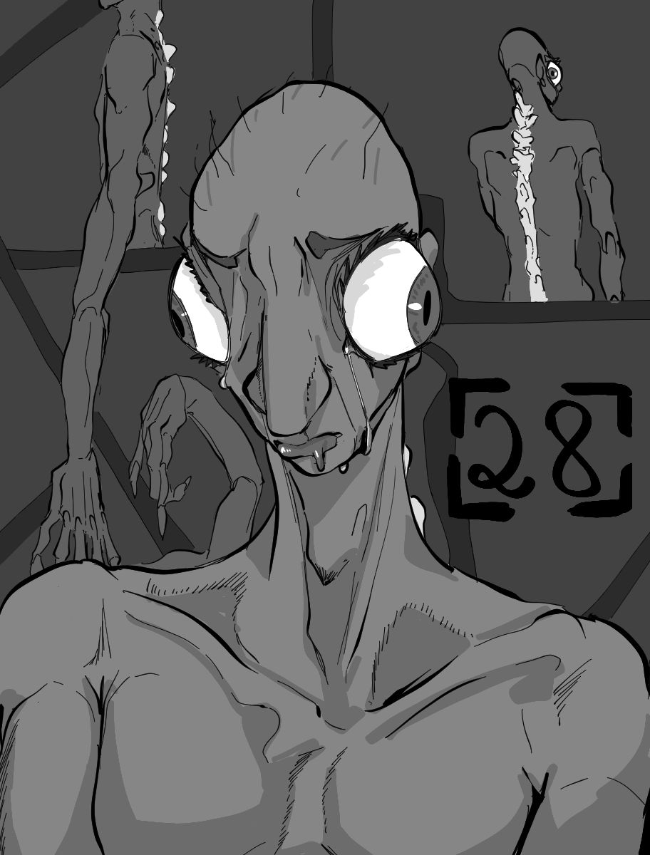 Desenho monocromático. O desenho mostra vários ângulos de uma criatura humanóide. Em destaque está uma visão da frente, onde mostra o ser com olhos que são quase metade do rosto e saltando para fora das órbitas. Lágrimas escorrem pelos olhos da criatura. Alguns fiapos de cabelo despontam do topo de sua cabeça. Outro ângulo mostra a criatura de mostras, com ossos atravessando a pele da coluna e mantendo-a bem reta. O último mostra o ser de lado, com braços e dedos bem longos, capazes de chegar ao chão sem precisar se agachar. No lado direito há o número vinte e oito para indicar o capítulo.